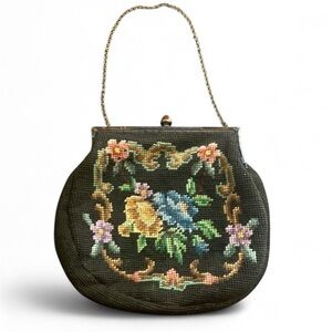 Vintage Tapestry Needlepoint Carpet‎ Floral Embroidered Black Handbag Colorful
